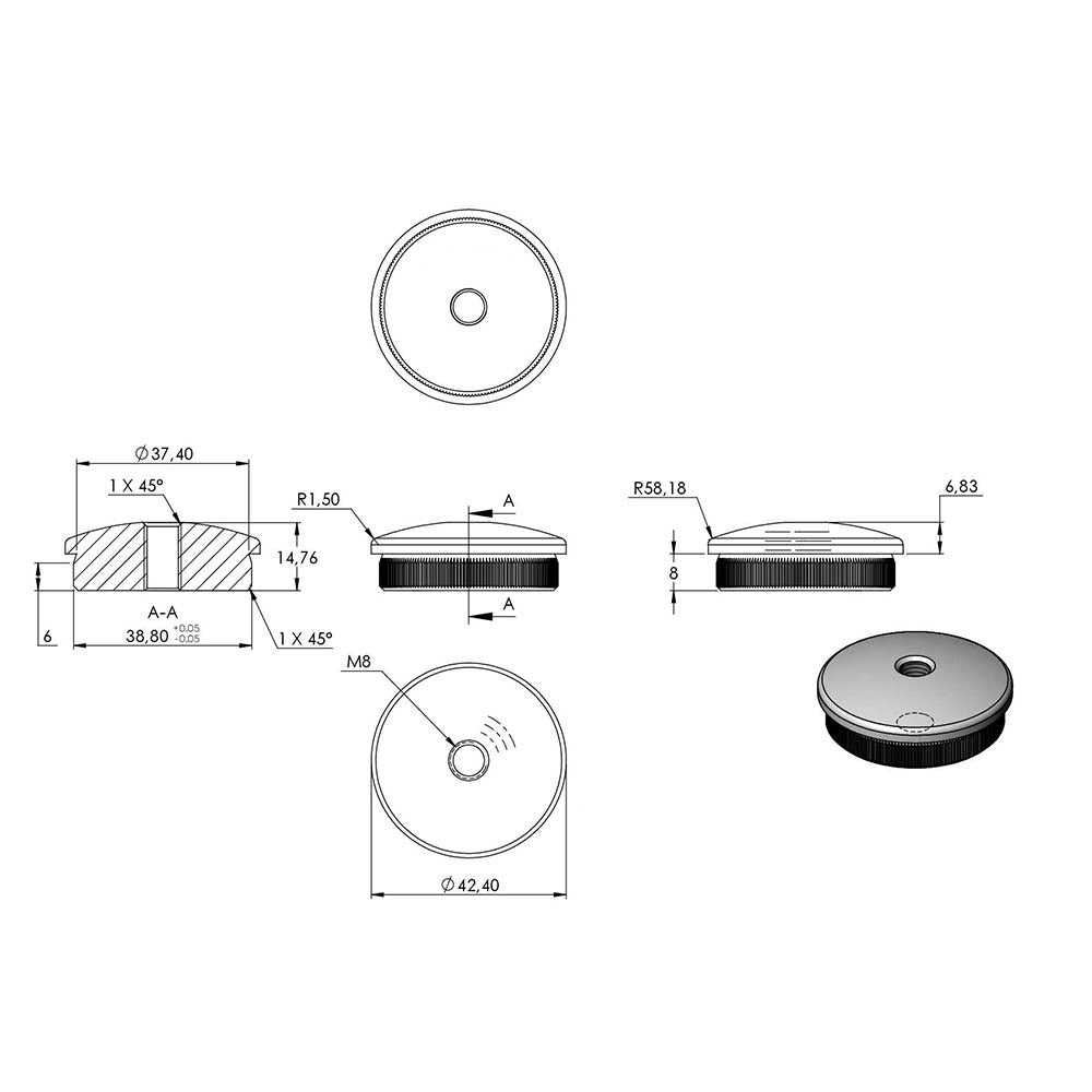 Endkappe leicht gewölbt mit M8 Innengewinde, massiv, für Rohr ø 42,4 x 2,0mm, zum Einschlagen