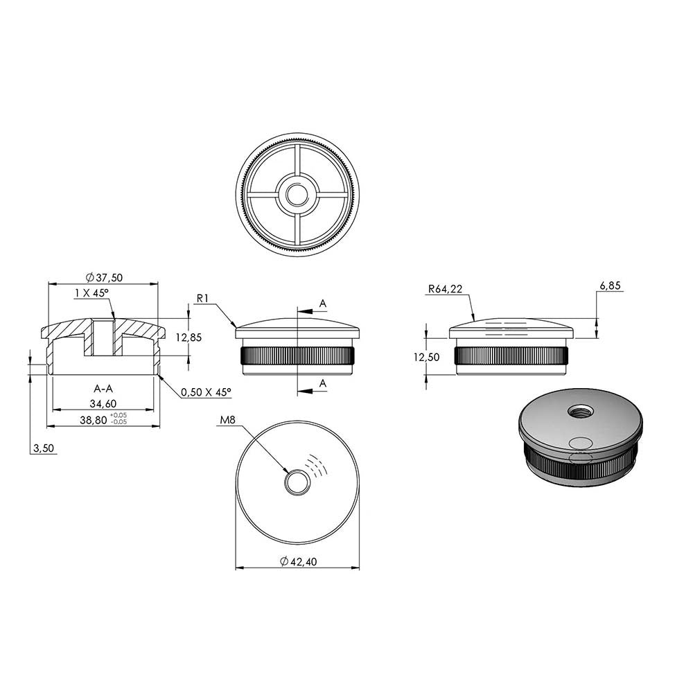 Endkappe leicht gewölbt mit M8 Innengewinde, hohl, für Rohr ø 42,4 x 2,0mm, zum Einschlagen