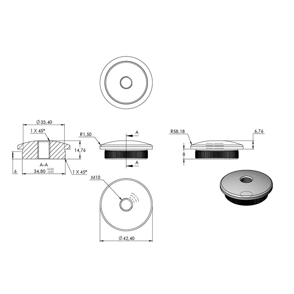 Endkappe leicht gewölbt mit M10 Innengewinde, massiv, für Rohr ø 42,4 x 4,0mm, zum Einschlagen