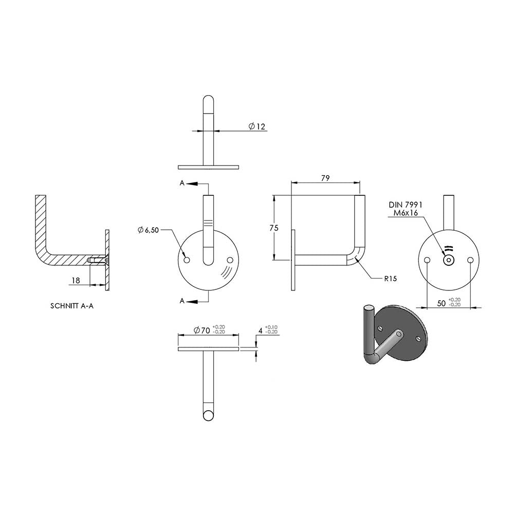 Handlaufhalter zur Wandbefestigung mit verschraubter Ronde 70 x 4mm, zum Anschweißen
