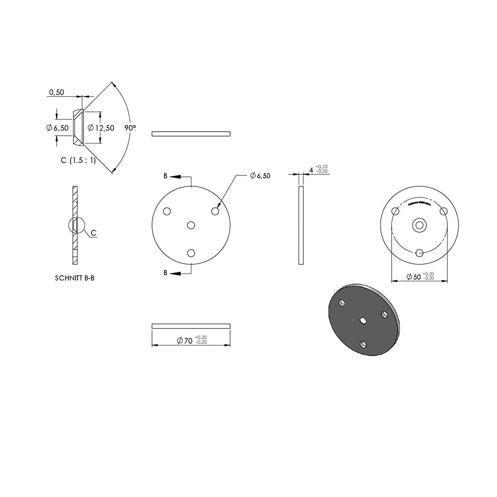 Handlaufhalter zur Wandbefestigung mit verschraubter Ronde 70 x 4mm, zum Anschweißen, mit 3 Bohrungen