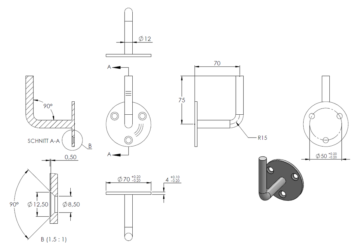 Handlaufhalter zur Wandbefestigung mit verschweißter Ronde 70 x 4mm mit drei gesenkten ø 8,5mm Bohrungen, zum Anschweißen, Wandabstand 70mm