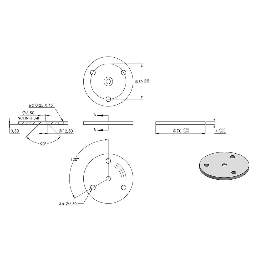 Ronde ø 70mm, Stärke 4mm, mit drei ø 6,5mm Bohrungen und ø 6,5mm Zentrierbohrung, mit Rundschliff