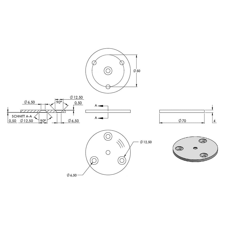 Ronde ø 70mm, Stärke 4mm, mit drei ø 6,5mm Senkbohrungen und ø 6,5mm Zentrierbohrung, mit Rundschliff