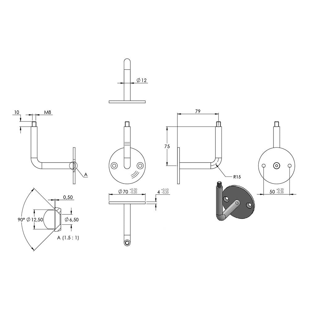 Handlaufhalter zur Wandbefestigung, mit verschraubter Ronde 70 x 4mm, mit Außengewinde M8