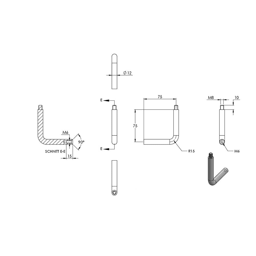 Handlaufhalter zur Wandbefestigung, mit verschraubter Ronde 70 x 4mm, mit Außengewinde M8
