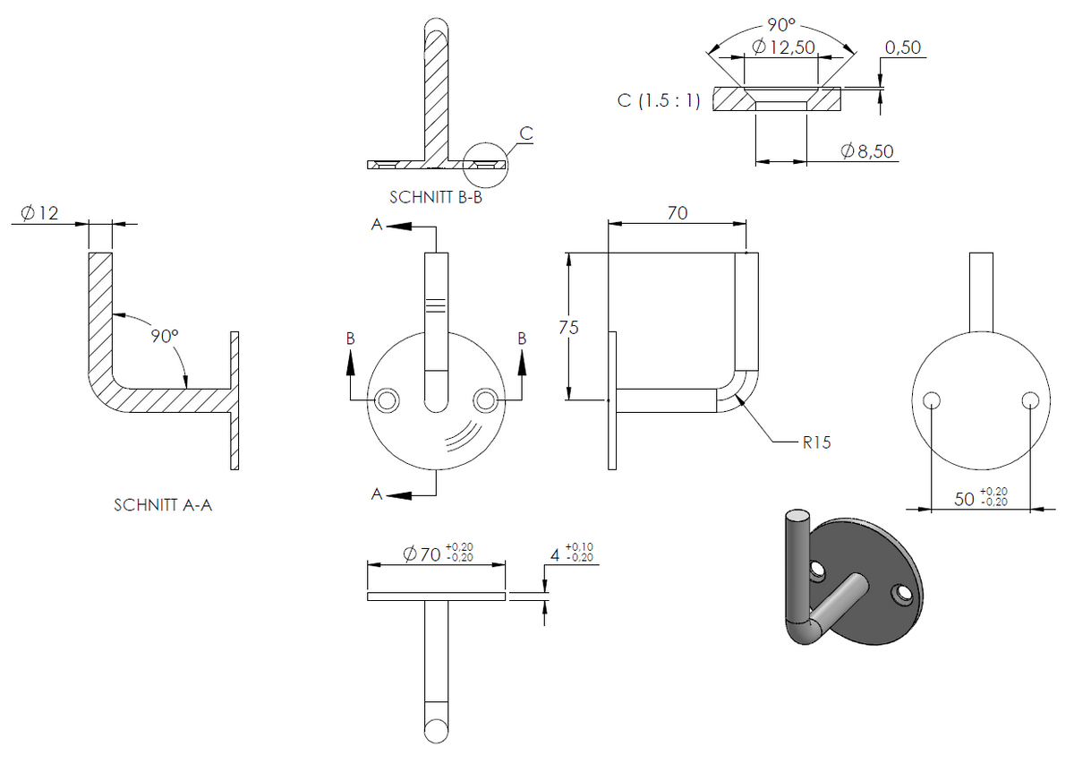 Handlaufhalter zur Wandbefestigung mit verschweißter Ronde 70 x 4mm, Bohrungen gesenkt, zum Anschweißen, Wandabstand 70mm