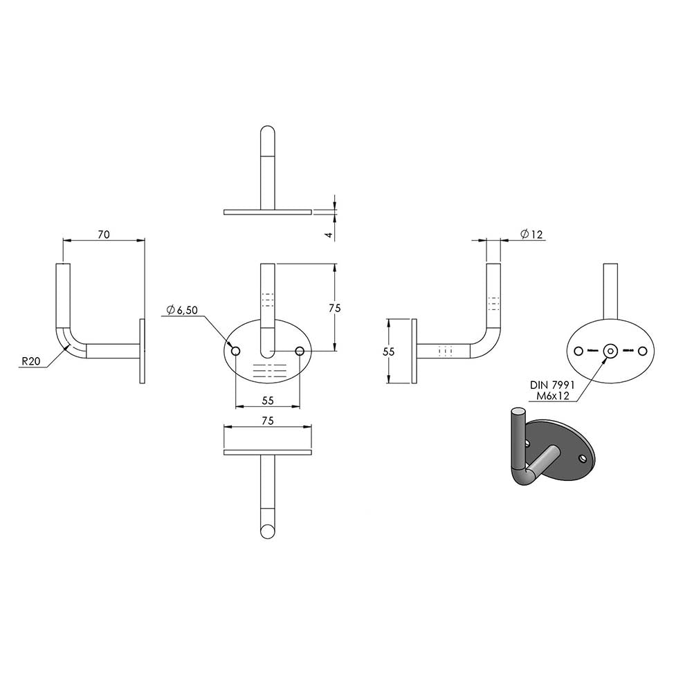 Handlaufhalter zur Wandbefestigung mit verschraubter Ronde 75x55x4mm, zum Anschweißen