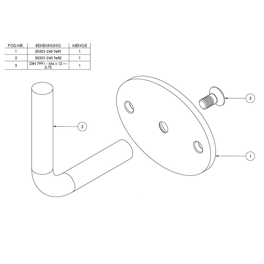 Handlaufhalter zur Wandbefestigung mit verschraubter Ronde 75x55x4mm, zum Anschweißen