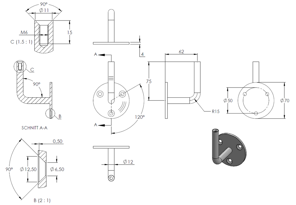 Handlaufhalter kurz, 3 Bohrungen, zur Wandbefestigung, Ronde 70 x 4mm verschweißt, mit Innengewinde M6