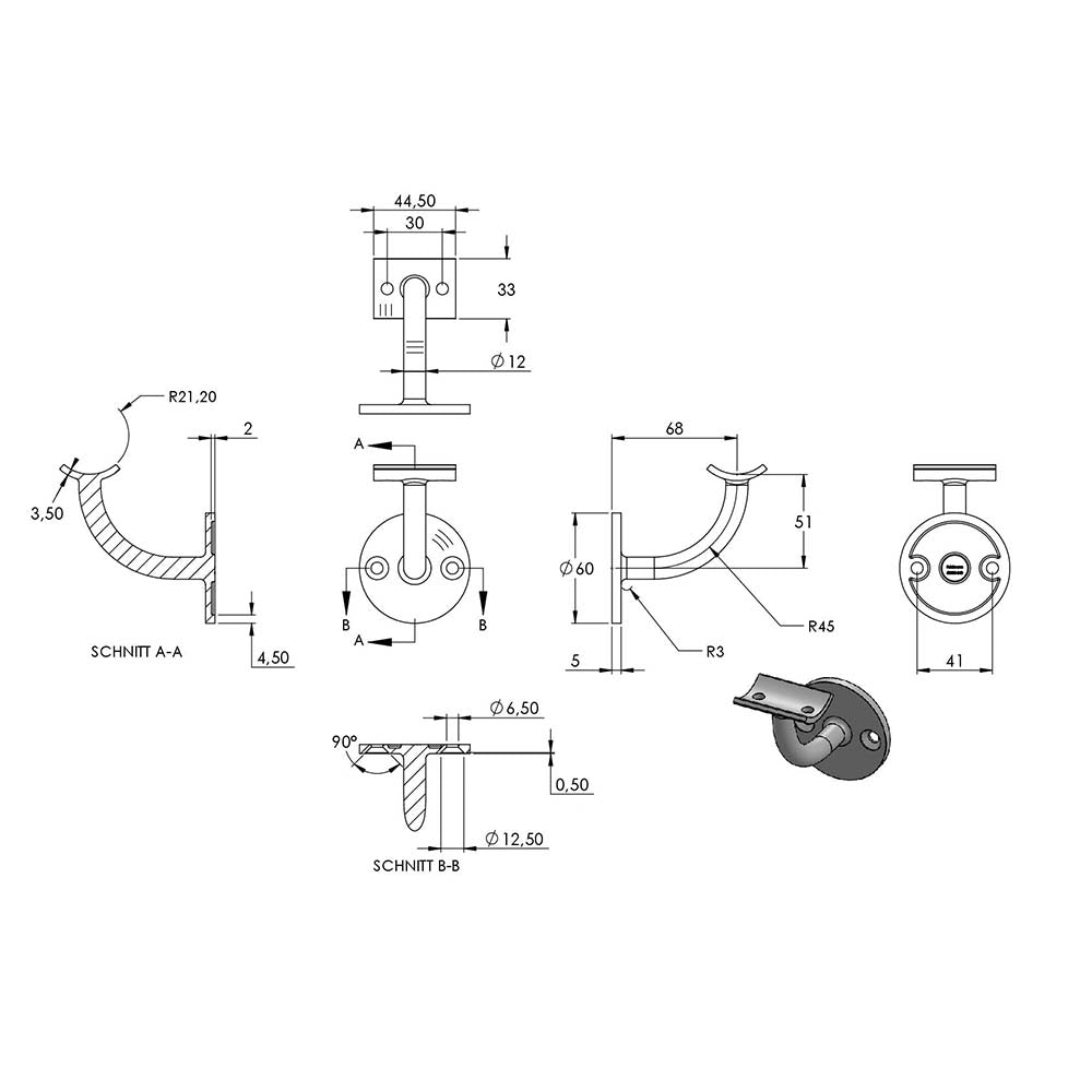 Handlaufhalter zur Wandbefestigung aus einem Stück mit Ronde 60 x 5mm, für Rohr ø 42,4mm