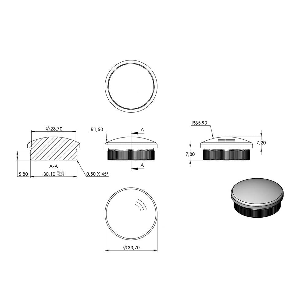 Endkappe leicht gewölbt, massiv, für Rohr ø 33,7 x 2,0mm, zum Einschlagen