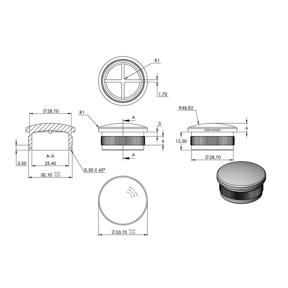 V4A Endkappe leicht gewölbt, hohl, für Rohr ø 33,7 x 2,0mm, zum Einschlagen