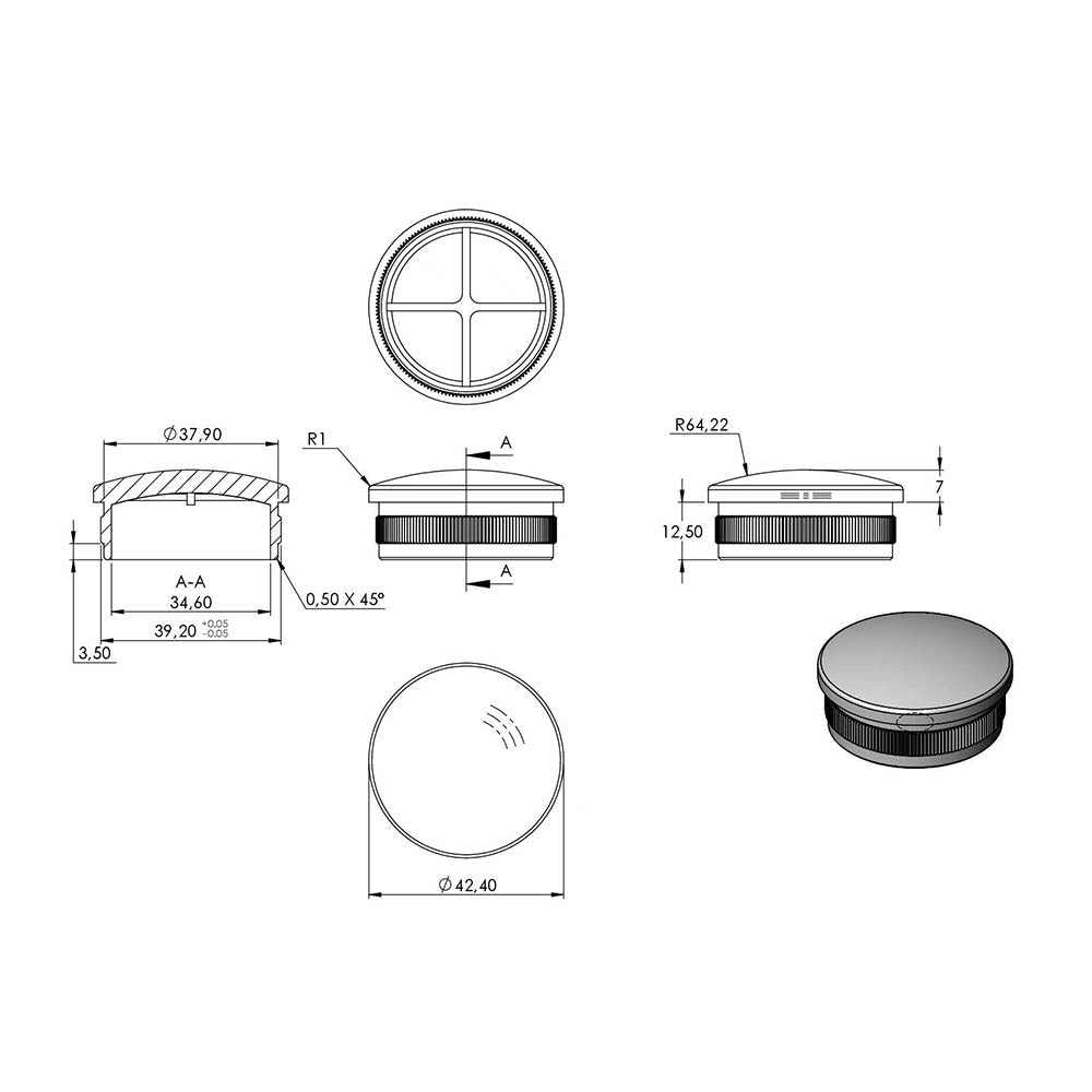 Endkappe leicht gewölbt, hohl, für Rohr ø 42,4 x 1,8mm, zum Einschlagen