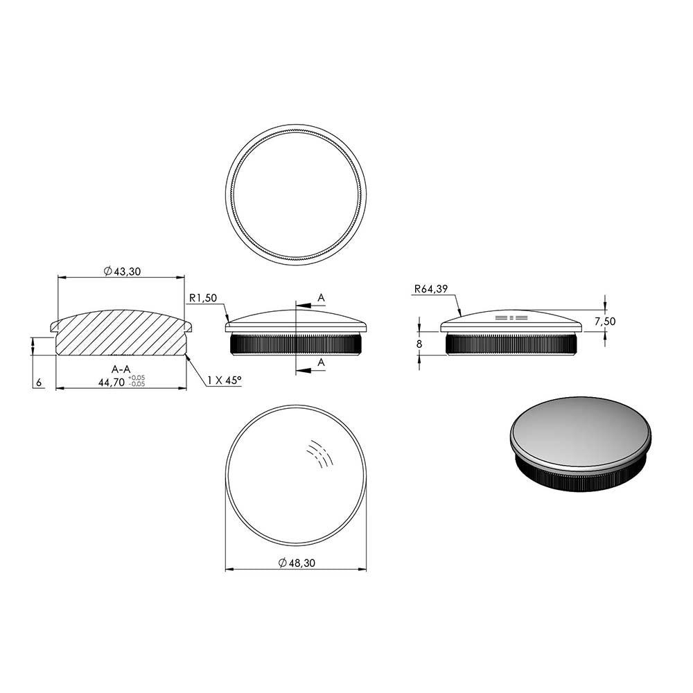 Endkappe leicht gewölbt, massiv, für Rohr ø 48,3 x 2,0mm, zum Einschlagen