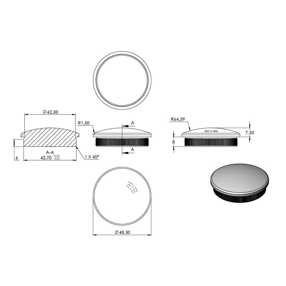 Endkappe leicht gewölbt, massiv, für Rohr ø 48,3 x 2,5mm, zum Einschlagen