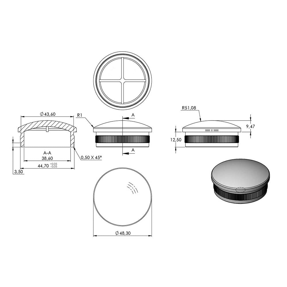 Endkappe leicht gewölbt, hohl, für Rohr ø 48,3 x 2,0mm, zum Einschlagen