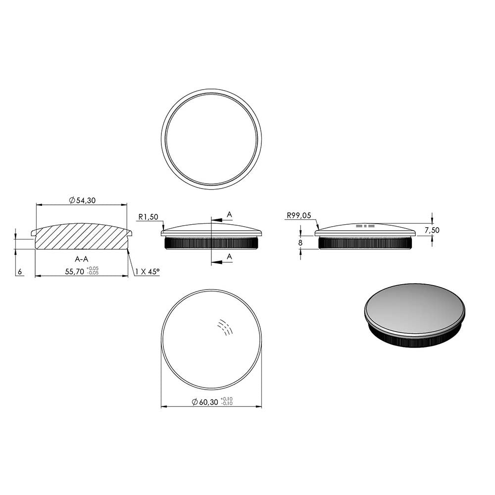 Endkappe leicht gewölbt, massiv, für Rohr ø 60,3 x 2,5mm, zum Einschlagen