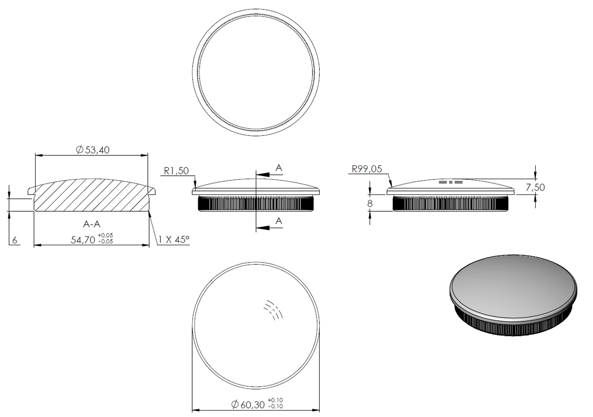 Endkappe leicht gewölbt, massiv, für Rohr ø 60,3 x 3,0mm, zum Einschlagen