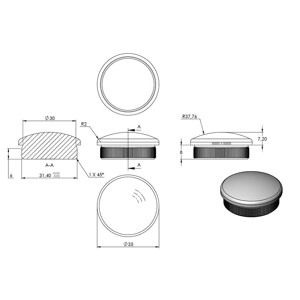 Endkappe leicht gewölbt, massiv, für Rohr ø 35,0 x 2,0mm, zum Einschlagen