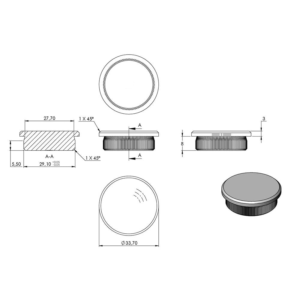 Endkappe flach, massiv, für Rohr ø 33,7 x 2,6mm, zum Einschlagen