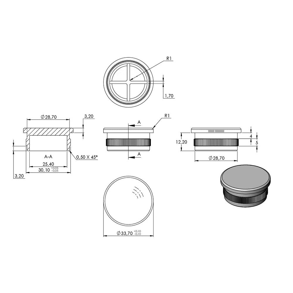 Endkappe flach, hohl, für Rohr ø 33,7 x 2,0mm, zum Einschlagen