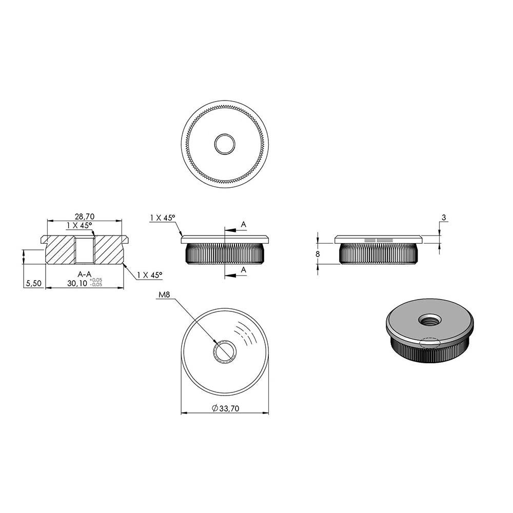 Endkappe flach mit M8 Innengewinde, massiv, für Rohr ø 33,7 x 2,0mm, zum Einschlagen