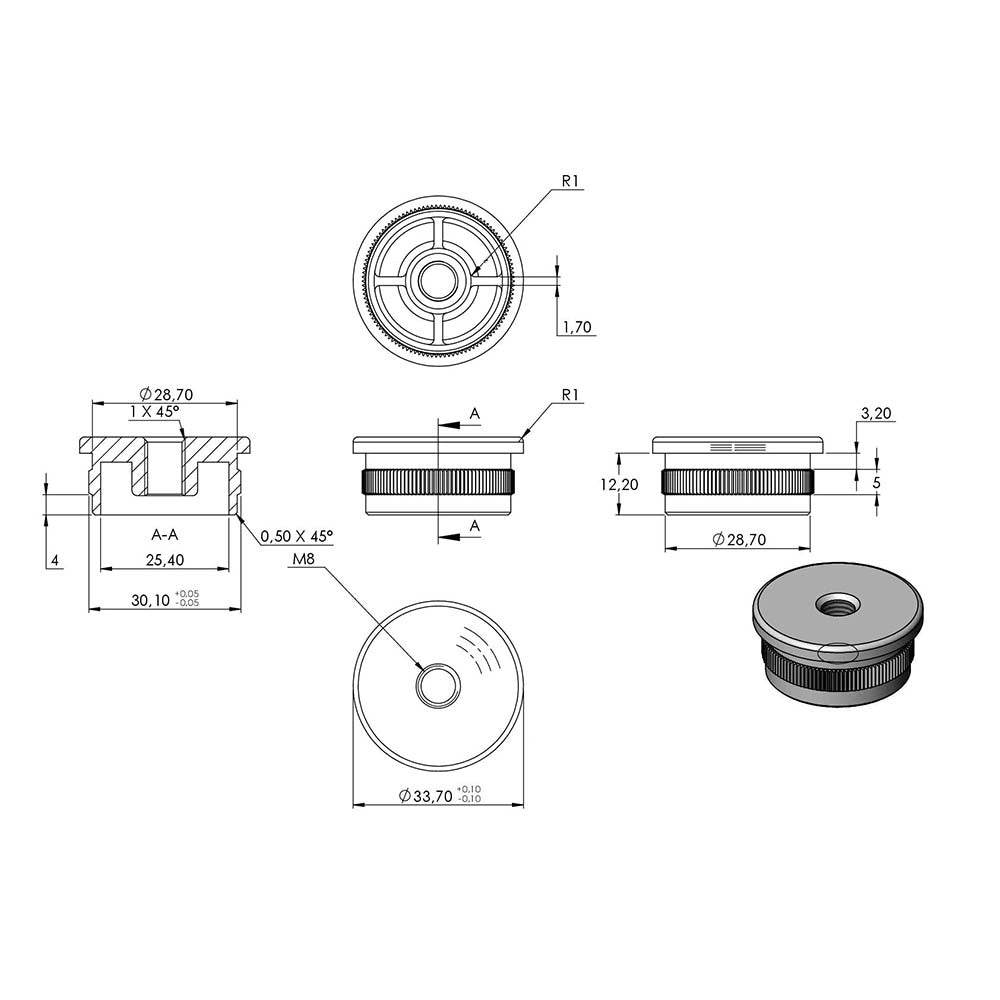 V4A Endkappe flach mit M8 Innengewinde, hohl, für Rohr ø 33,7 x 2,0mm, zum Einschlagen