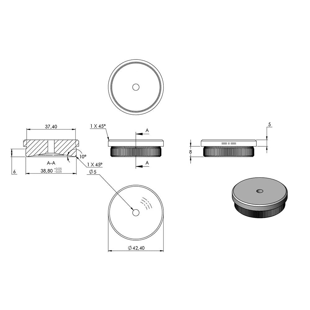 Endkappe flach mit Entwässerungsbohrung, massiv, für Rohr ø 42,4 x 2,0mm, zum Einschlagen