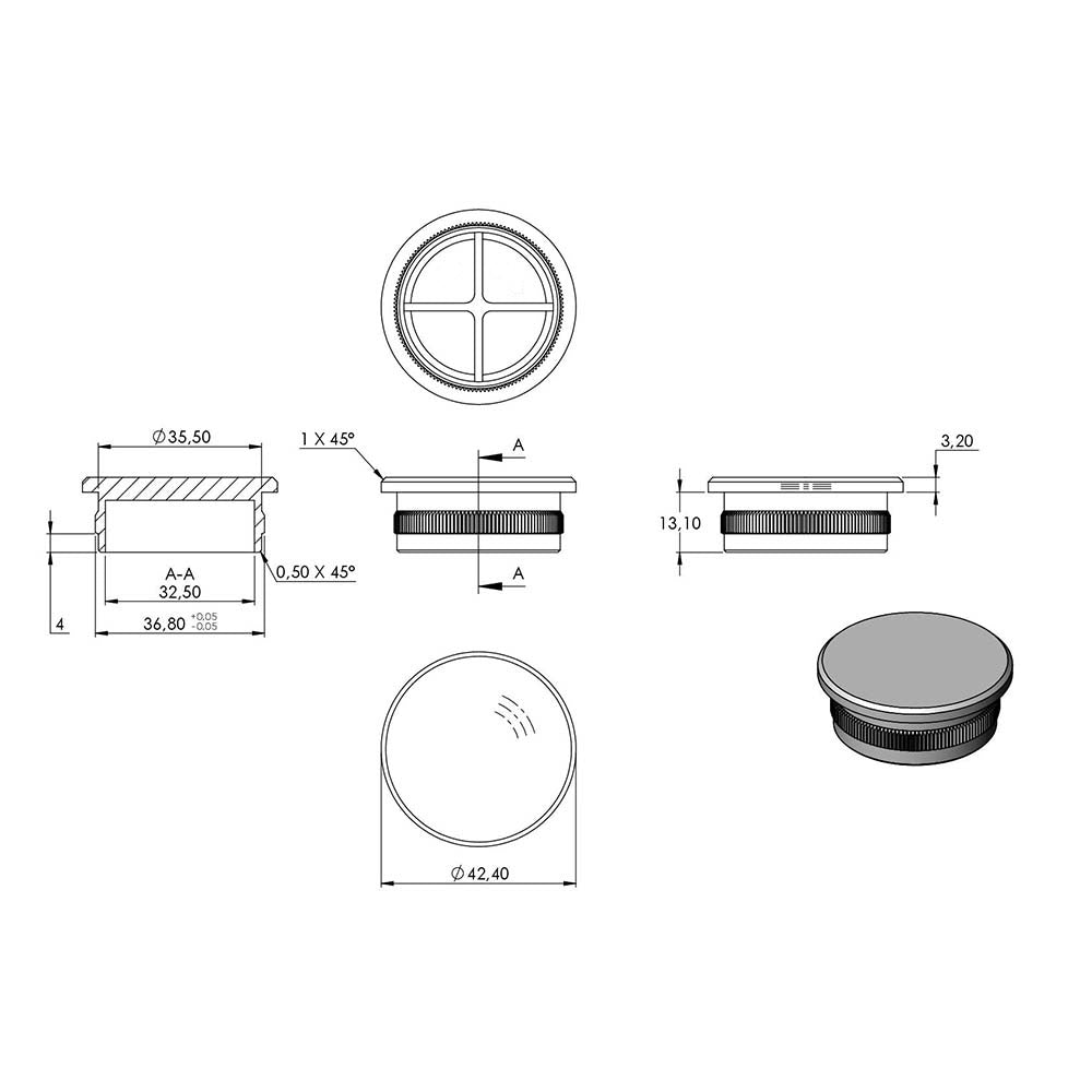 Endkappe flach, hohl, für Rohr ø 42,4 x 3,0mm, zum Einschlagen