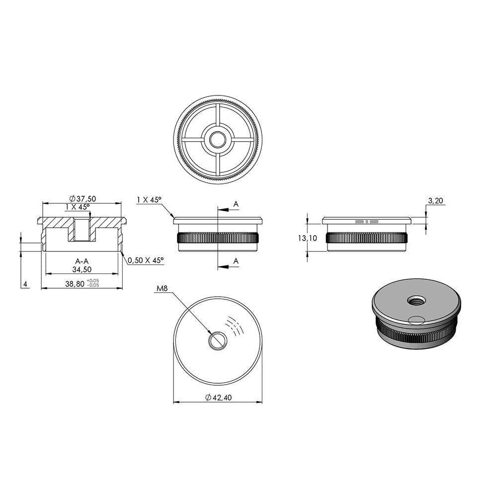 Endkappe flach mit M8 Innengewinde, hohl, für Rohr ø 42,4 x 2,0mm, zum Einschlagen