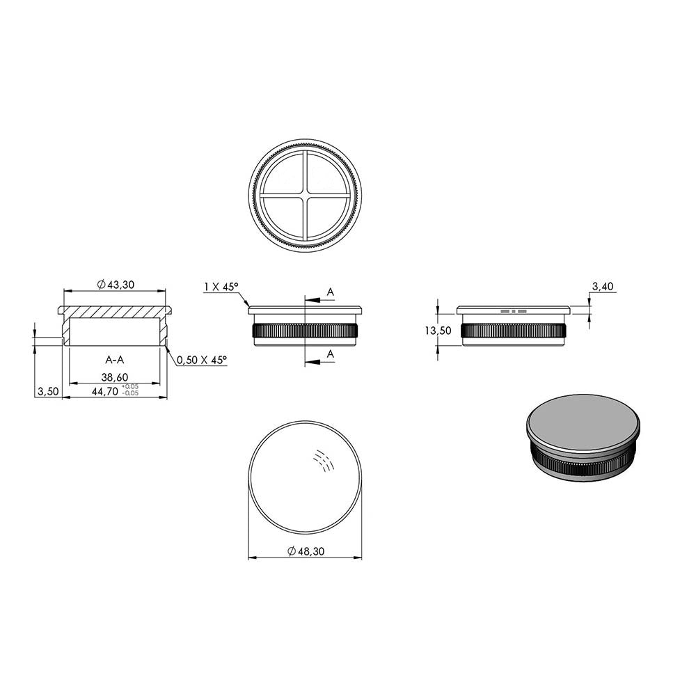 V4A Endkappe flach, hohl, für Rohr ø 48,3 x 2,0mm, zum Einschlagen