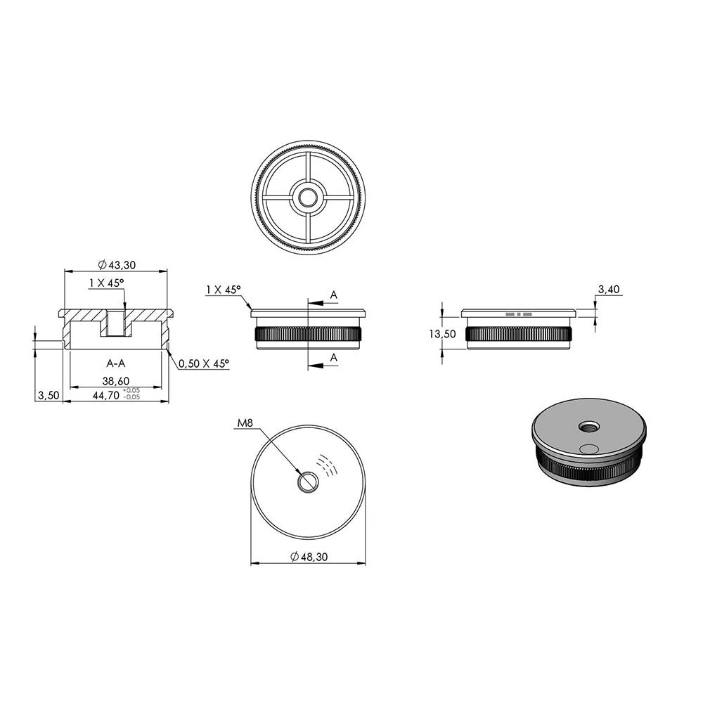 Endkappe flach mit M8 Innengewinde, hohl, für Rohr ø 48,3 x 2,0mm, zum Einschlagen