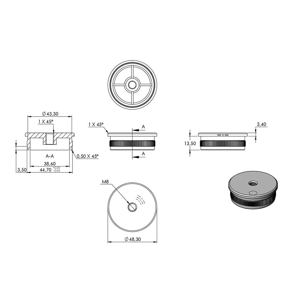 V4A Endkappe flach mit M8 Innengewinde, hohl, für Rohr ø 48,3 x 2,0mm, zum Einschlagen