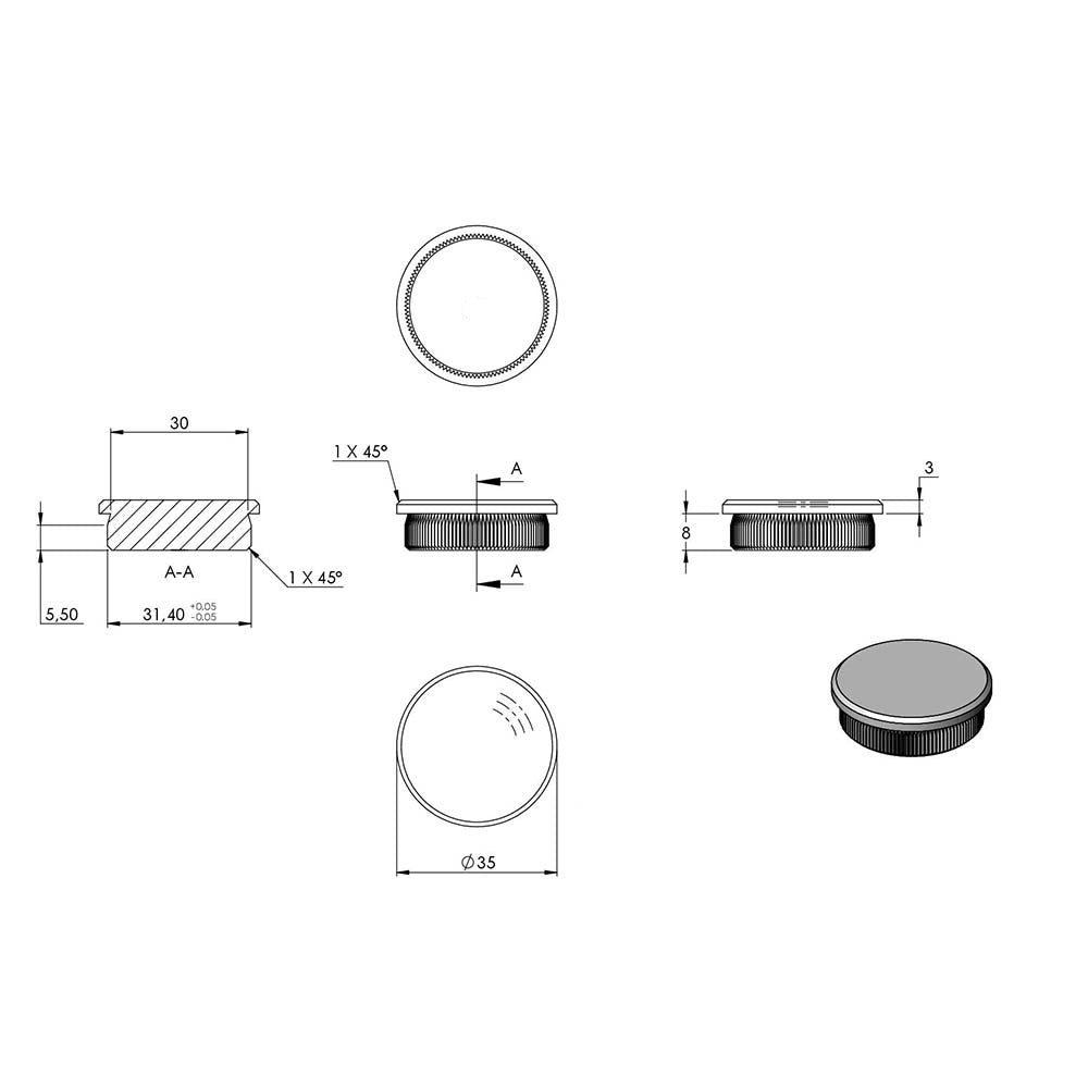 Endkappe flach, massiv, für Rohr ø 35,0 x 2,0mm, zum Einschlagen