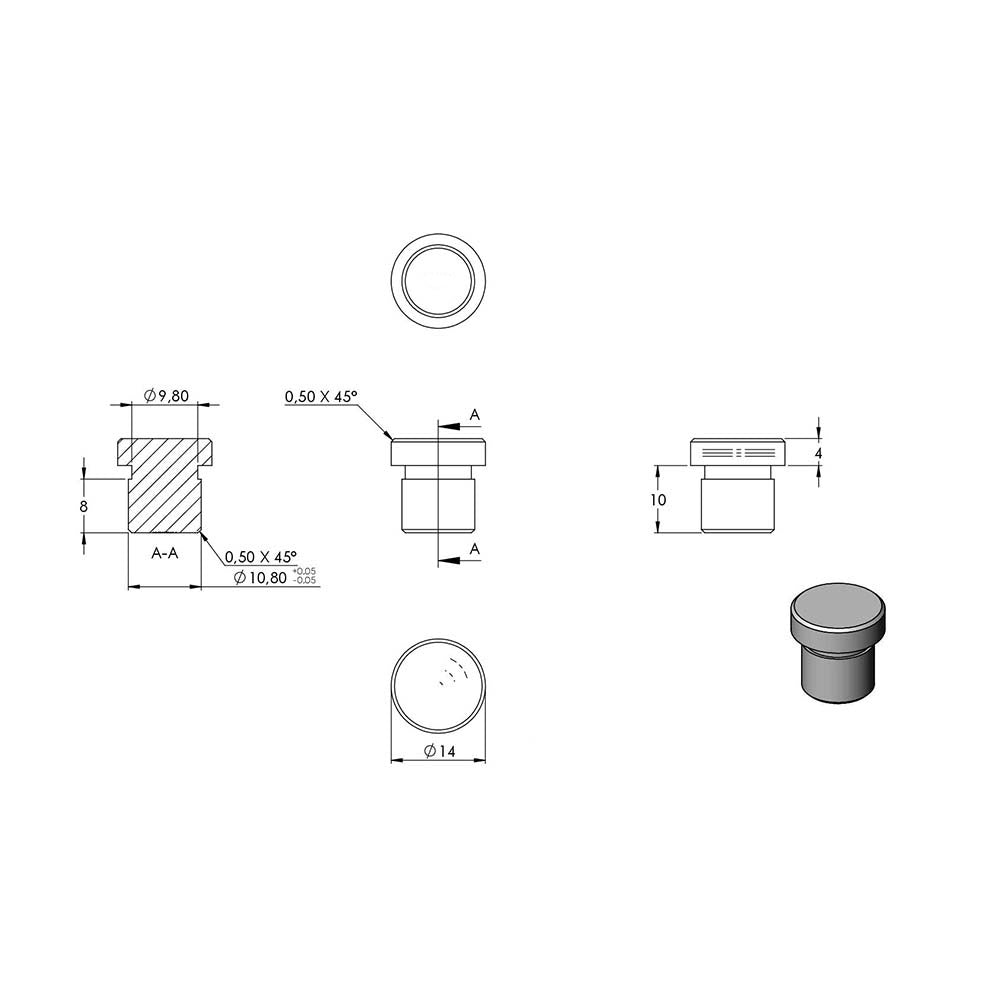 Endkappe flach, massiv, für Rohr ø 14,0 x 1,5mm, zum Einkleben