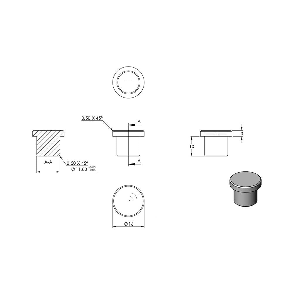 Endkappe flach, massiv, für Rohr ø 16,0 x 2,0mm, zum Einkleben