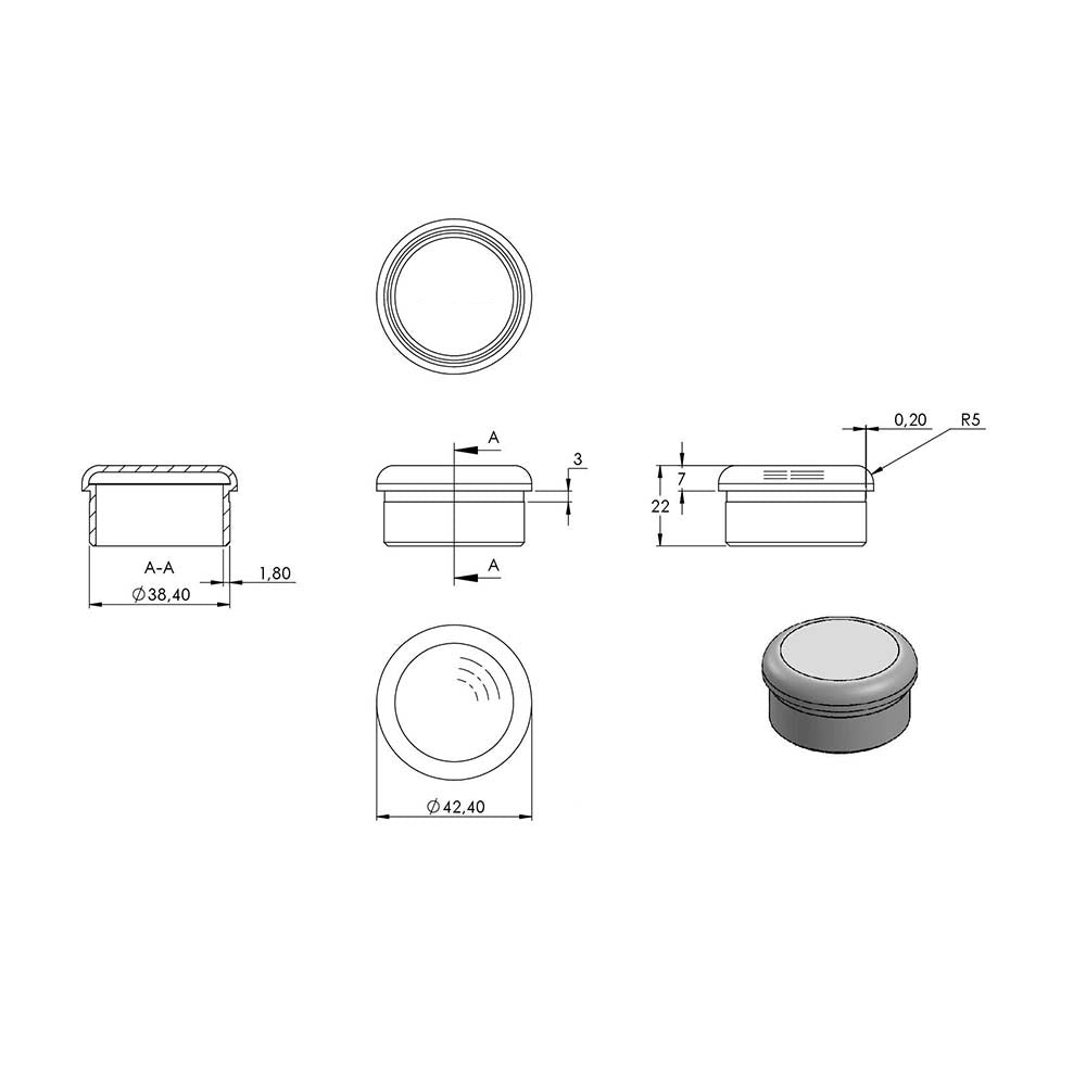 Einklebkappe flach, hohl, für Rohr ø 42,4 x 2,0mm, zum Einkleben