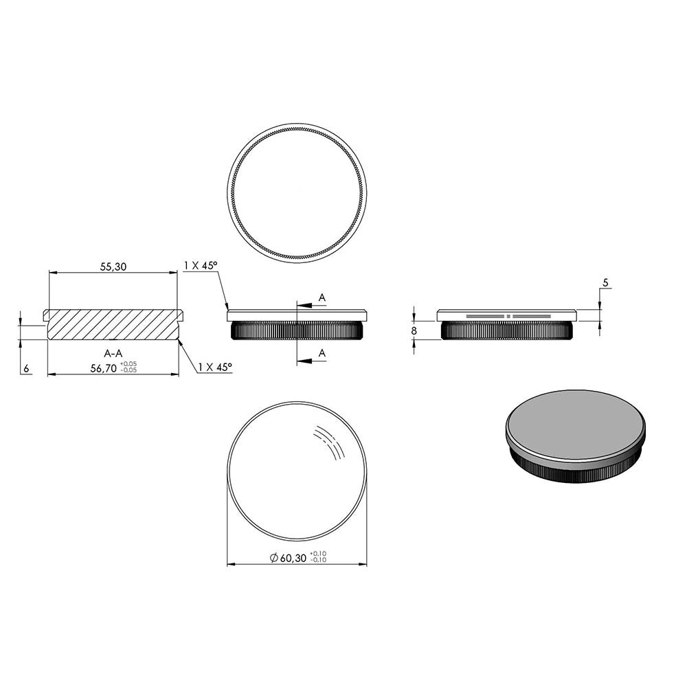 Endkappe flach, massiv, für Rohr ø 60,3 x 2,0mm, zum Einschlagen