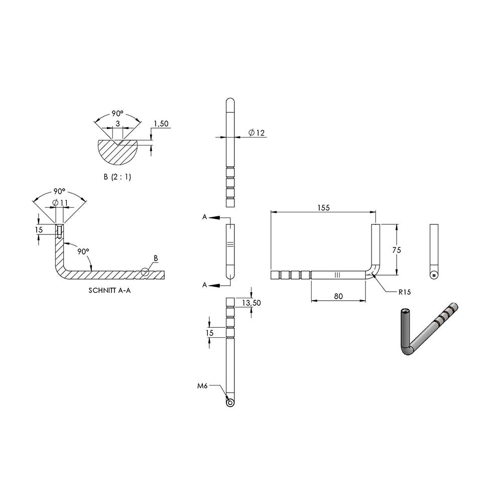 Handlaufhalter zum Einbetonieren mit ø 12mm Bügel und M6 Innengewinde