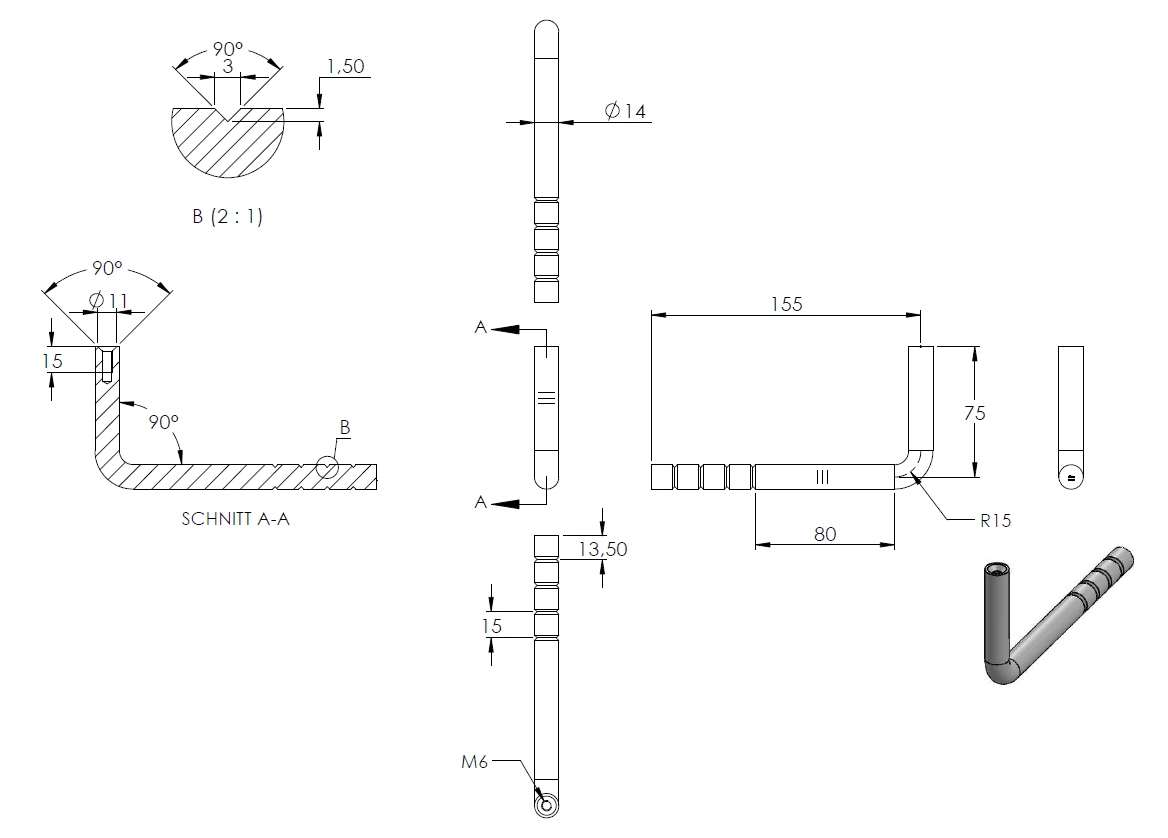 Handlaufhalter zum Einbetonieren mit ø 14mm Bügel und M6 Innengewinde