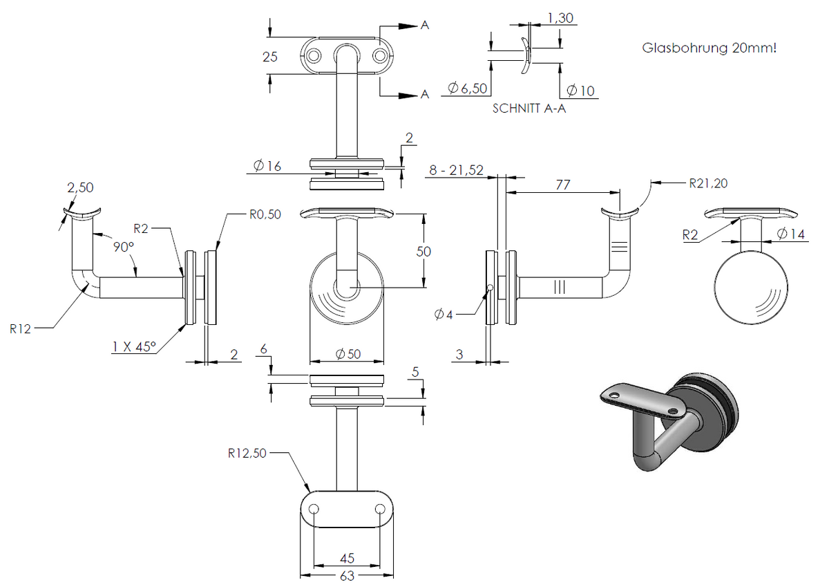 Handlaufhalter zur Glasbefestigung mit maximaler Glasstärke von 21,52mm, für Rohr ø 42,4mm
