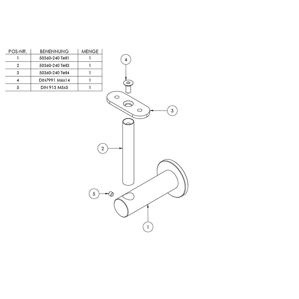 Handlaufhalter zur Wandbefestigung, mit ø 25mm Bügel und ø 14mm Stift, für Vierkant-Rohr, mit M8 Innengewinde