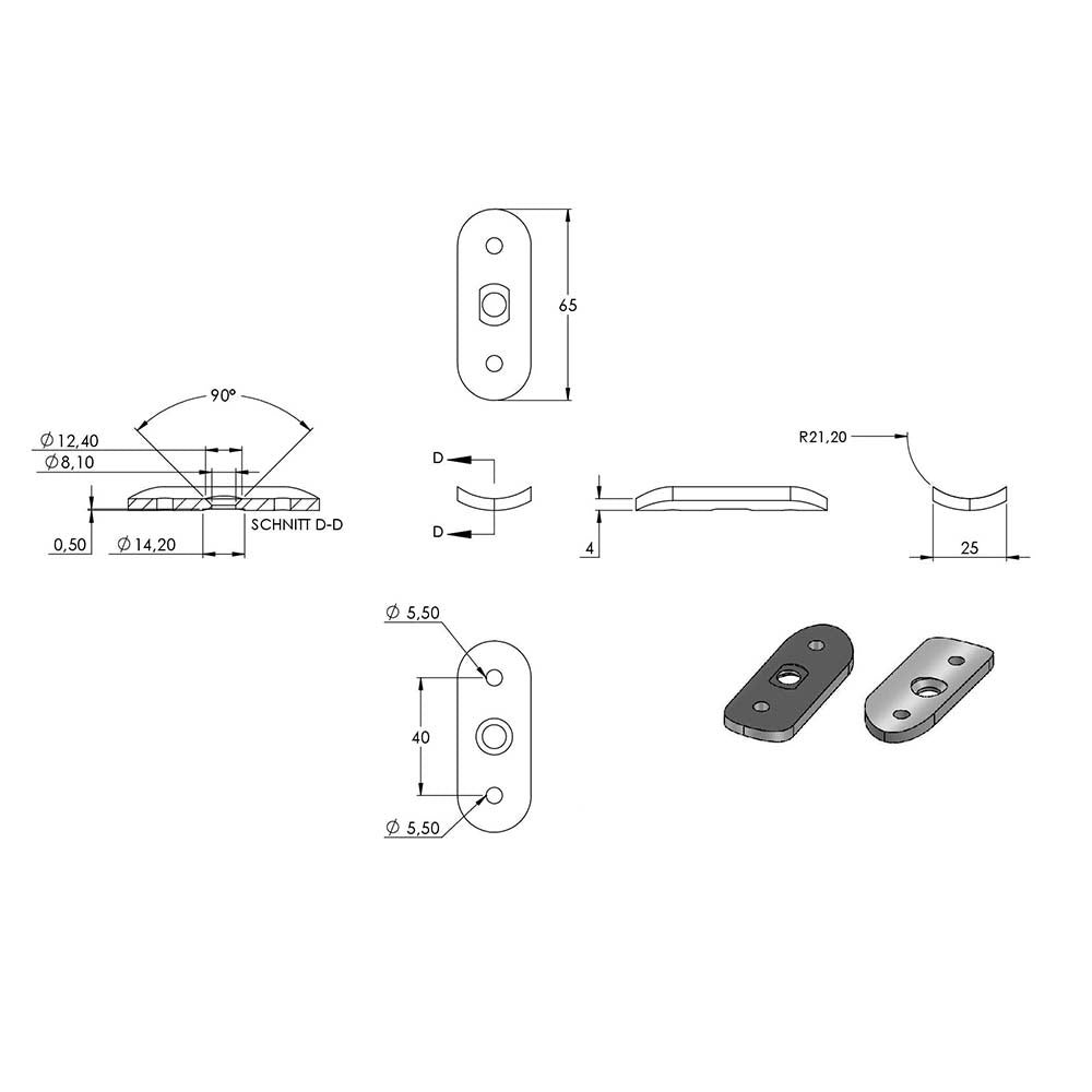 Handlaufhalter zur Wandbefestigung, mit ø 25mm Bügel und ø 14mm Stift, für ø 42,4 mm Rohr, mit M8 Innengewinde