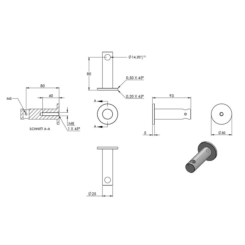 Handlaufhalter flexibel zur Wandbefestigung, mit ø 25mm Bügel und ø 14mm Stift, für Vierkant-Rohr, mit M8 Innengewinde