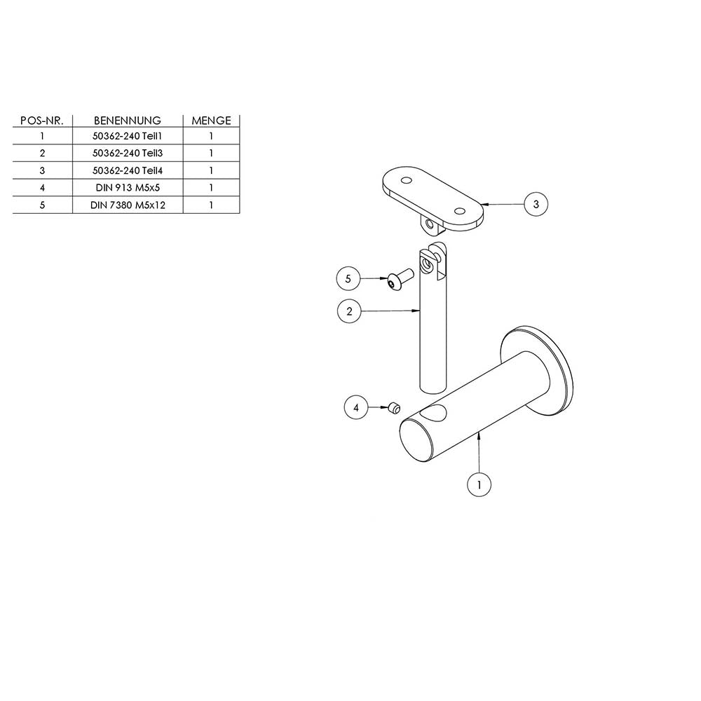 Handlaufhalter flexibel zur Wandbefestigung, mit ø 25mm Bügel und ø 14mm Stift, für Vierkant-Rohr, mit M8 Innengewinde