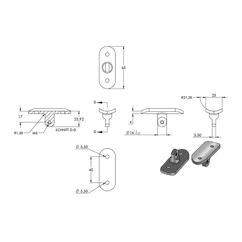 Handlaufhalter flexibel zur Wandbefestigung, mit ø 25mm Bügel und ø 14mm Stift, für ø 42,4 mm Rohr, mit M8 Innengewinde