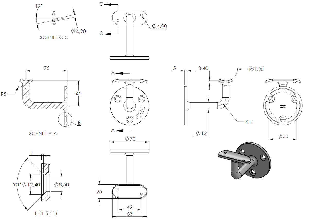 Handlaufhalter zur Wandbefestigung mit verschweißter Ronde 70 x 5mm, für Rohr ø 42,4mm, Bohrungen versetzt