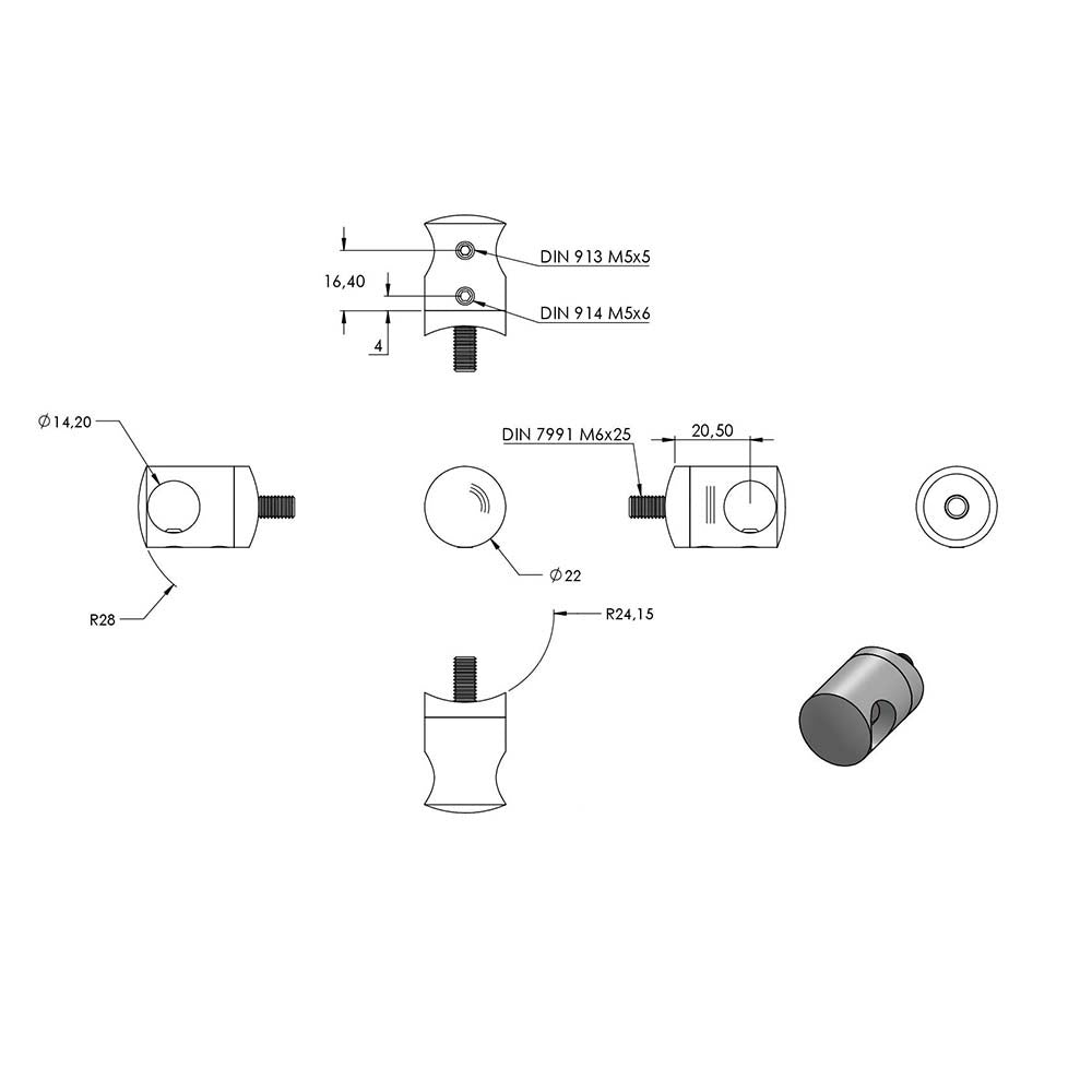 Querstabhalter Anschluss für ø 48,3mm Rohr, für Stab ø 14 mm, aus V2A