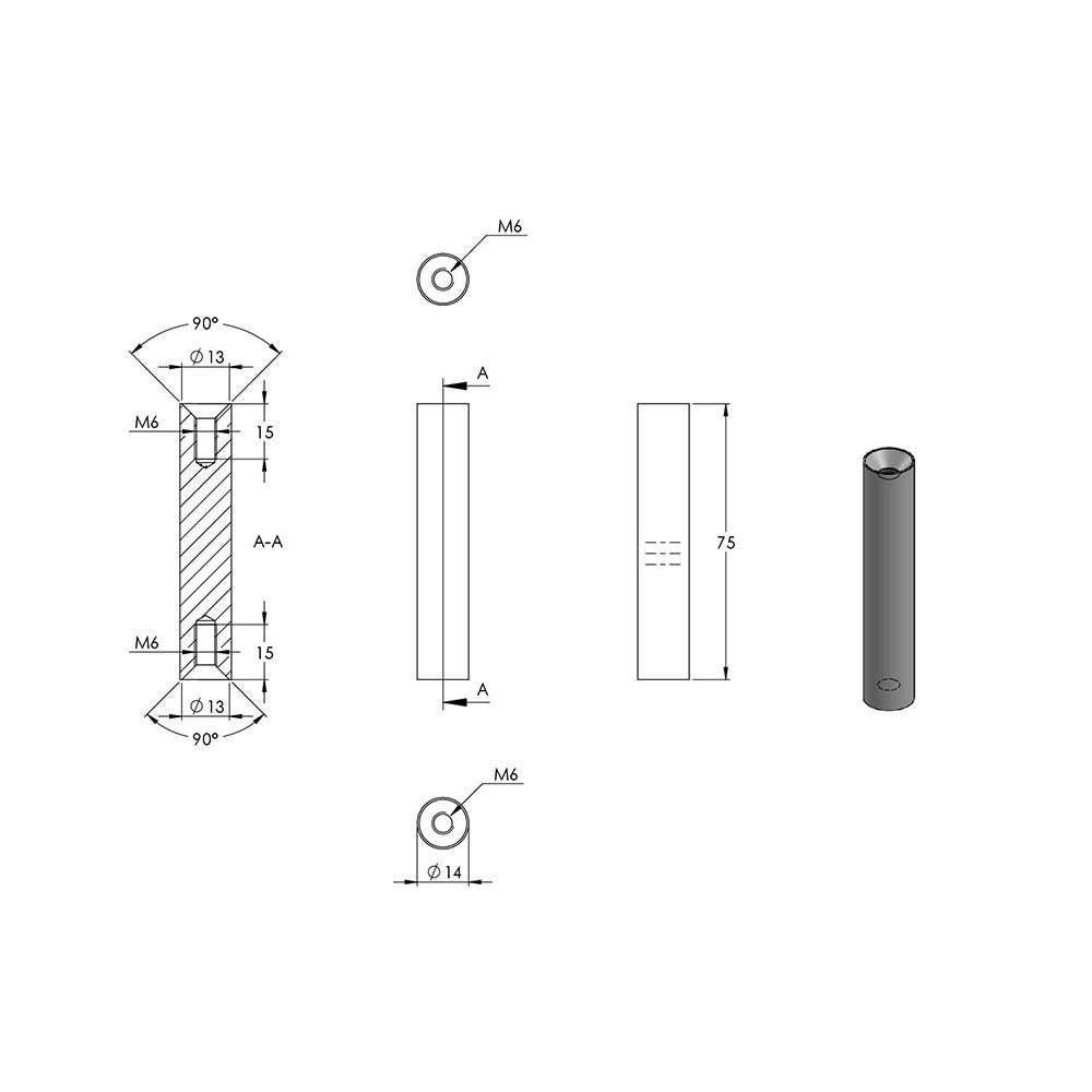 ø 14mm Stift, mit M6 x 15mm Innengewinde unten und M6 x 15mm Innengewinde oben, Länge 75mm